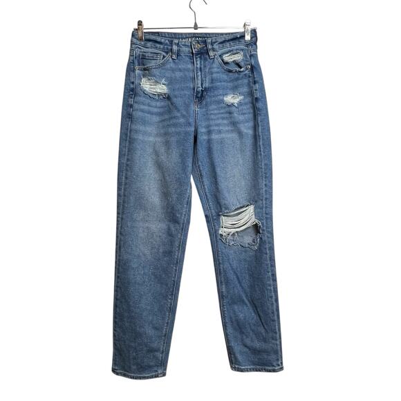 American Eagle Mom Straight Jeans Size 4 High Rise Distressed Ripped Knee - Picture 1 of 15